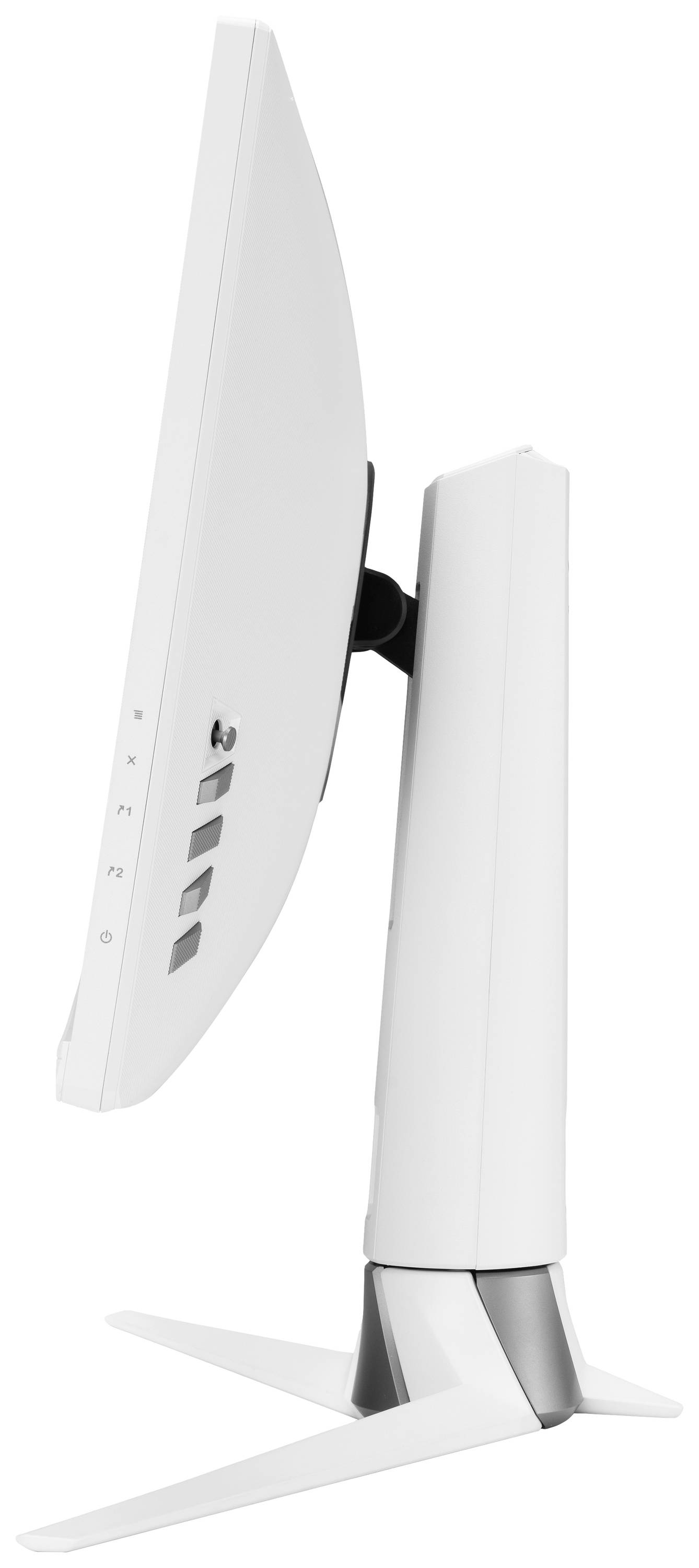 Écran d'ordinateur blanc et plat, vu de côté, installé sur un socle moderne en argent.