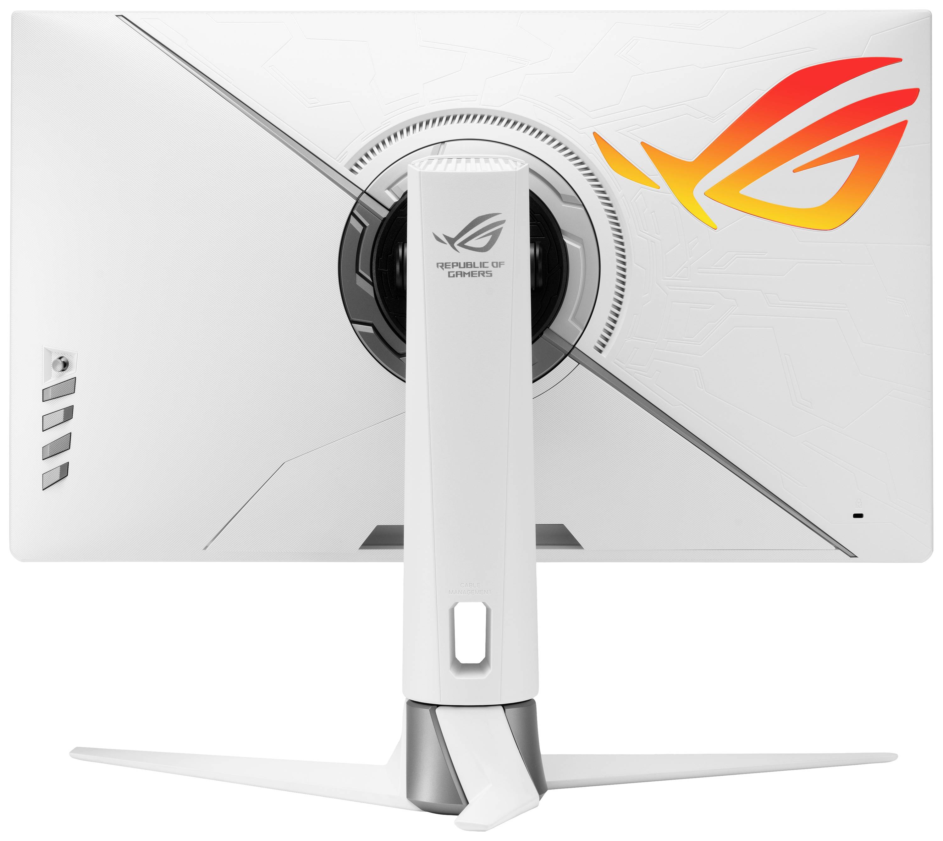 Un moniteur de gaming blanc de la marque avec un logo rouge et orange à l'arrière, monté sur un socle stable.