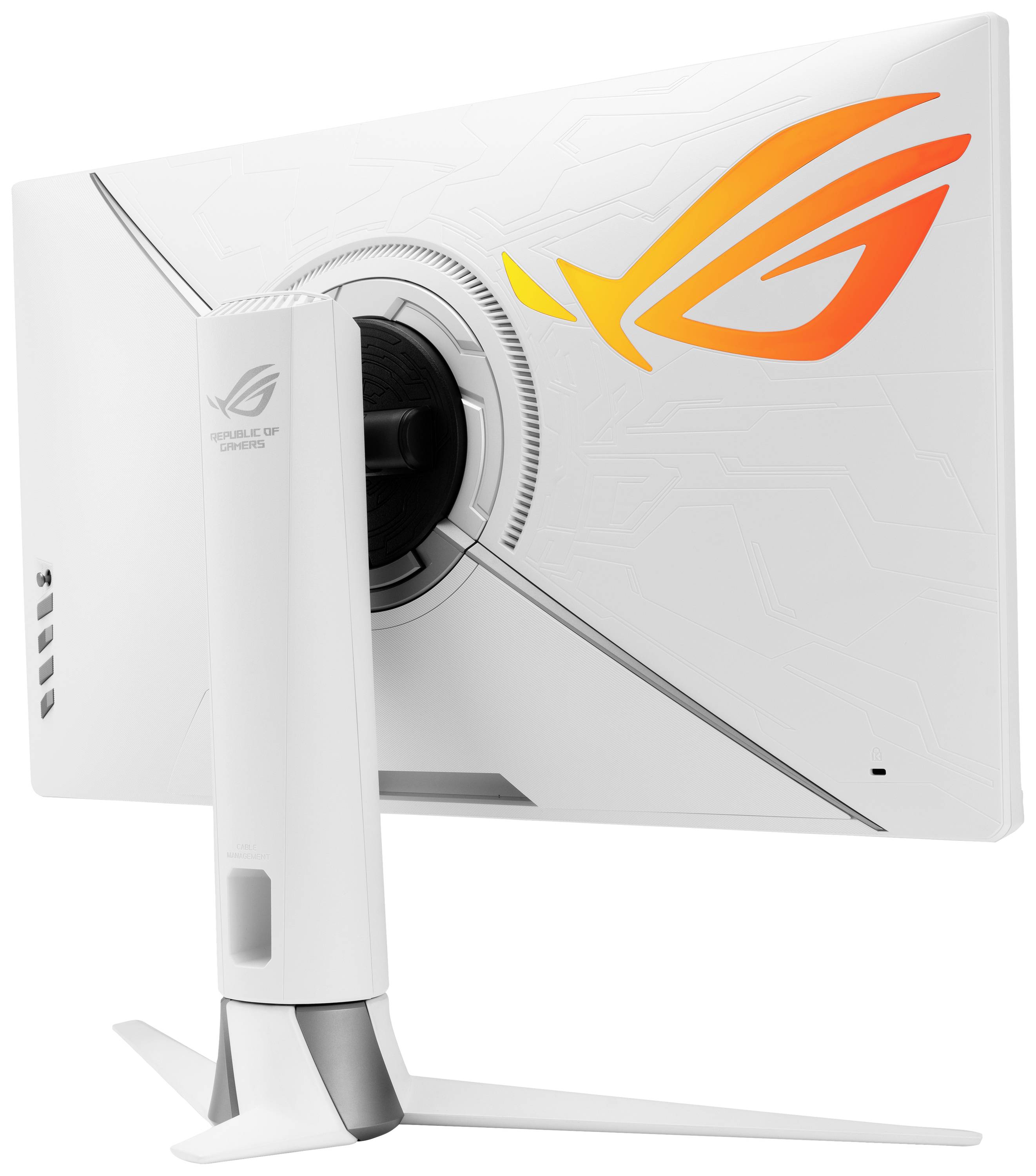 Un moniteur de gaming blanc au design futuriste. À l'arrière, on peut voir un grand logo orange et des fentes de ventilation.