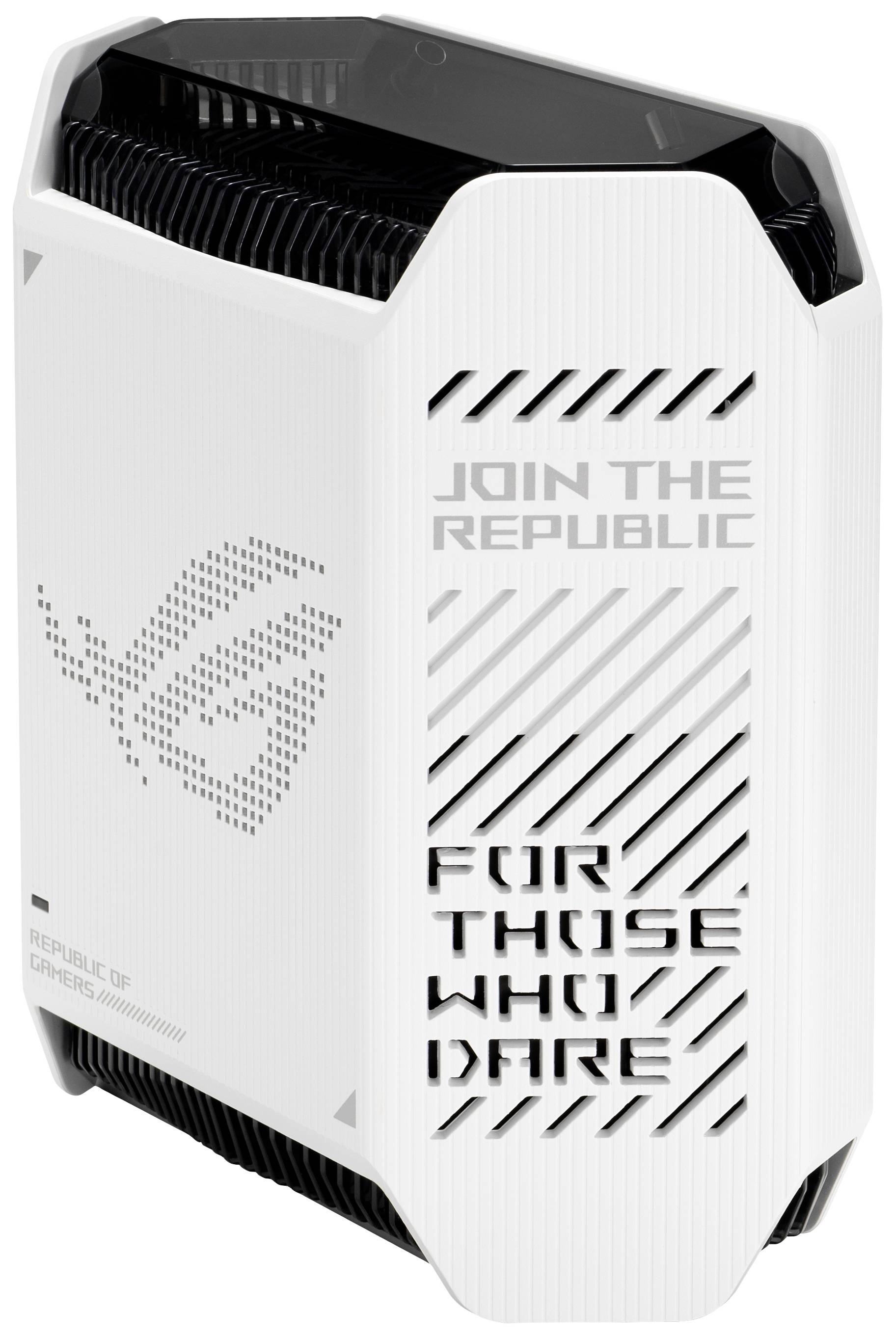 Refroidissement d'ordinateur blanc avec les mots « Join The Republic » et « For Those Who Dare » sur la surface.