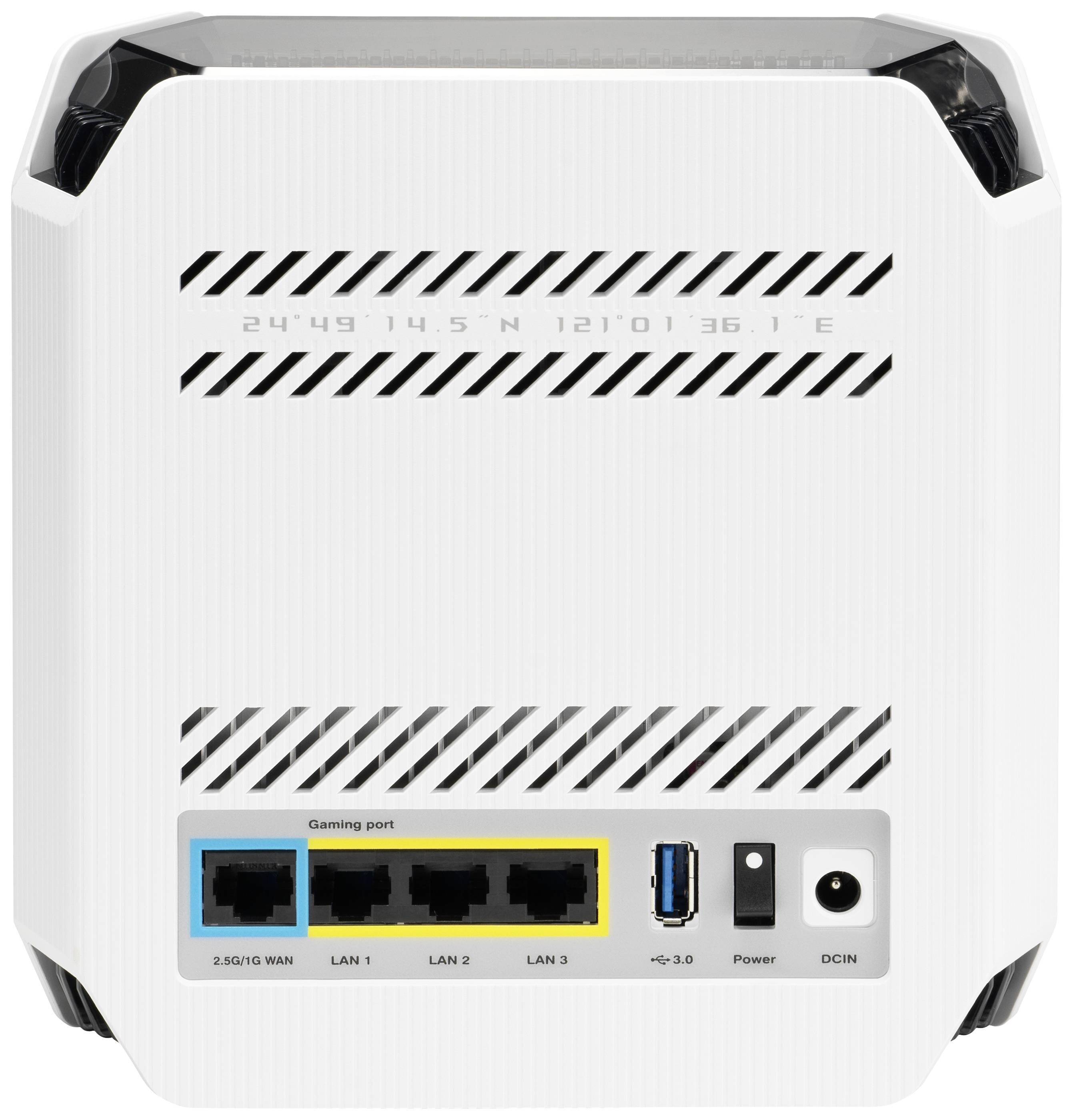 Un routeur WLAN blanc avec plusieurs ports LAN à l'arrière. Ports colorés : WAN en bleu, trois ports LAN.