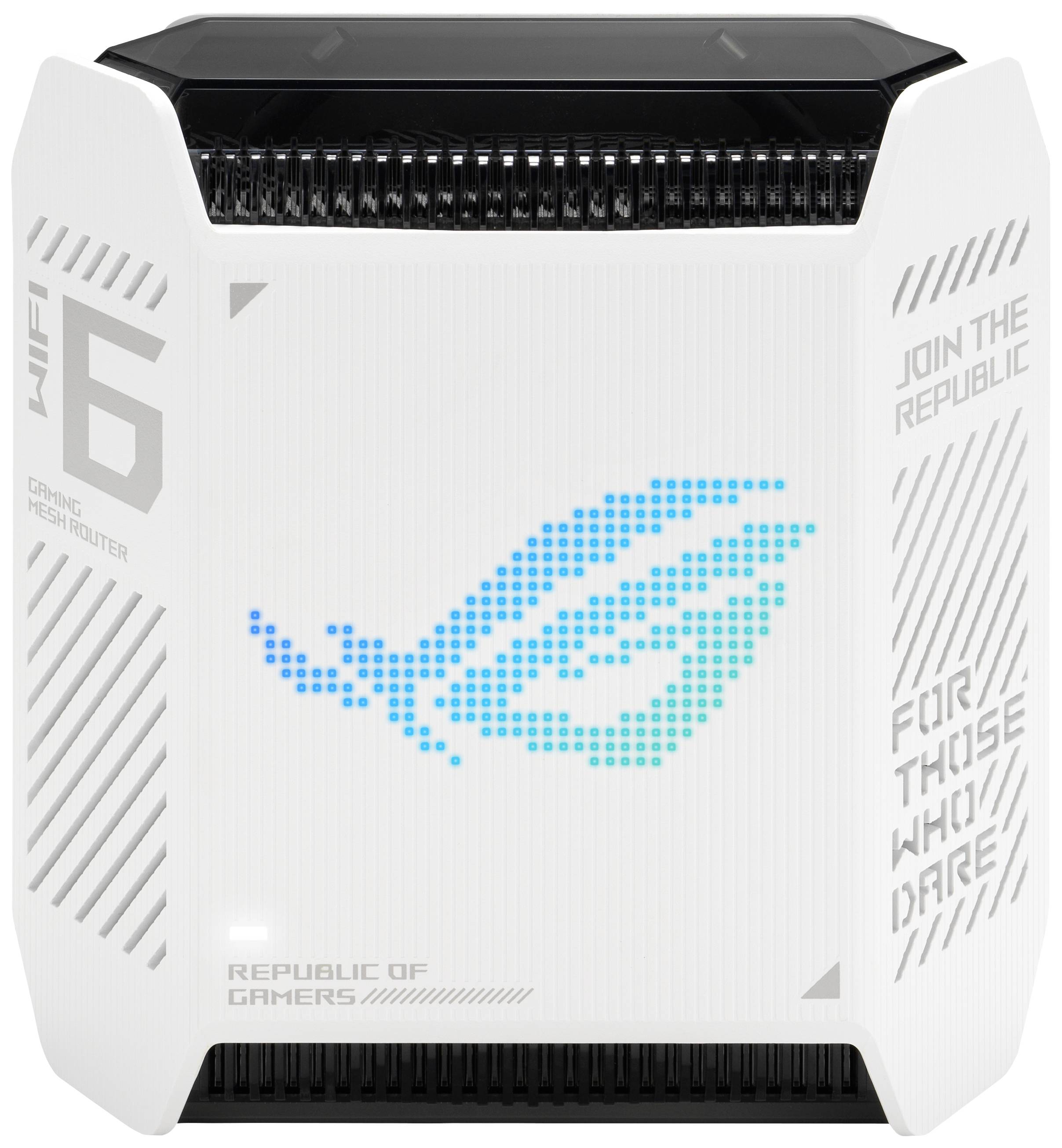Un routeur Wi-Fi de gaming blanc avec support Wi-Fi 6, logo LED bleu et les slogans « Rejoignez la République » et « Pour Ceux Qui Osent ».