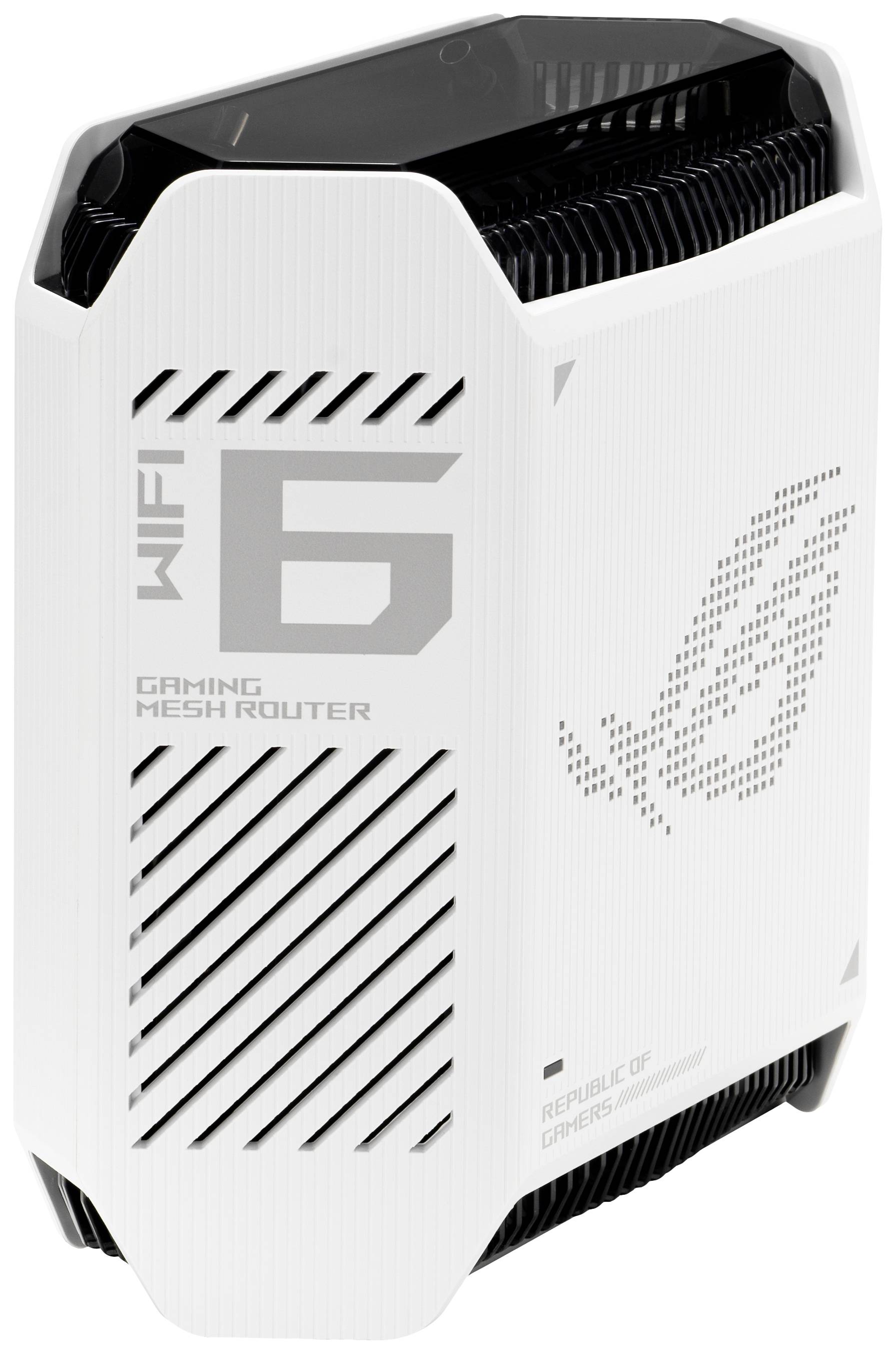 Routeur de gaming blanc avec grille de ventilation noire, portant l'inscription 'Routeur Mesh Gaming WiFi 6', adapté pour un internet à très haut débit.