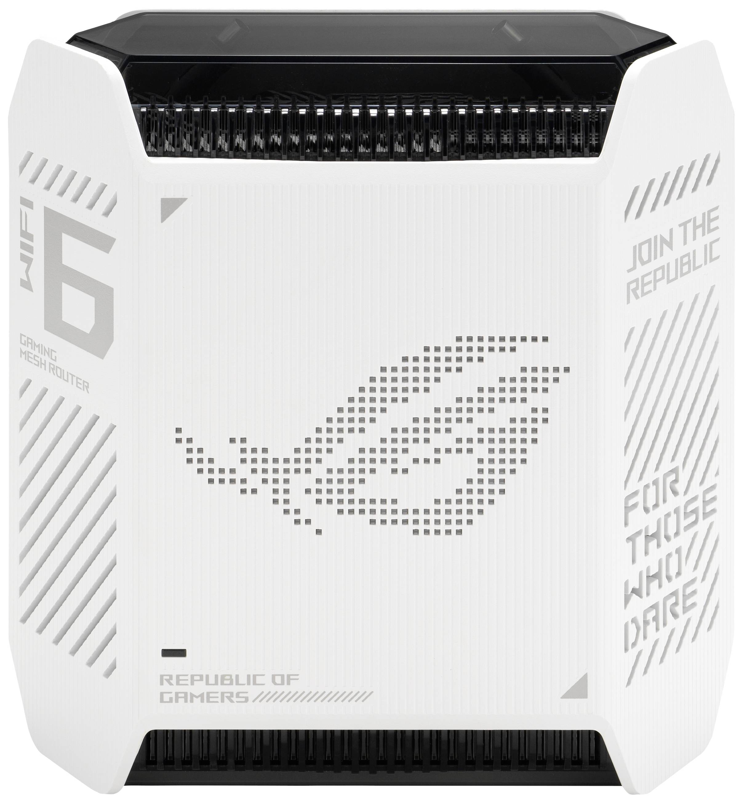 Routeur blanc de forme rectangulaire, logo de marque et texte 'Wi-Fi 6' visibles. Design rappelant celui d'un appareil de gaming.