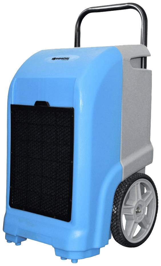 Un déshumidificateur bleu avec une poignée et de grandes roues, adapté pour une utilisation mobile dans différents environnements.