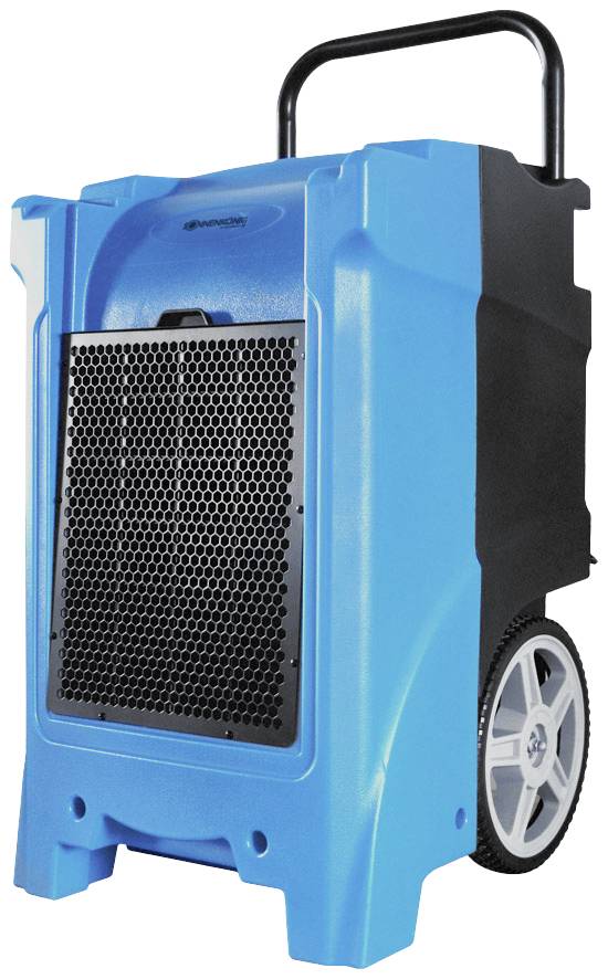 Un déshumidificateur portable bleu avec une poignée noire et deux grandes roues, adapté pour une utilisation dans de grands espaces.