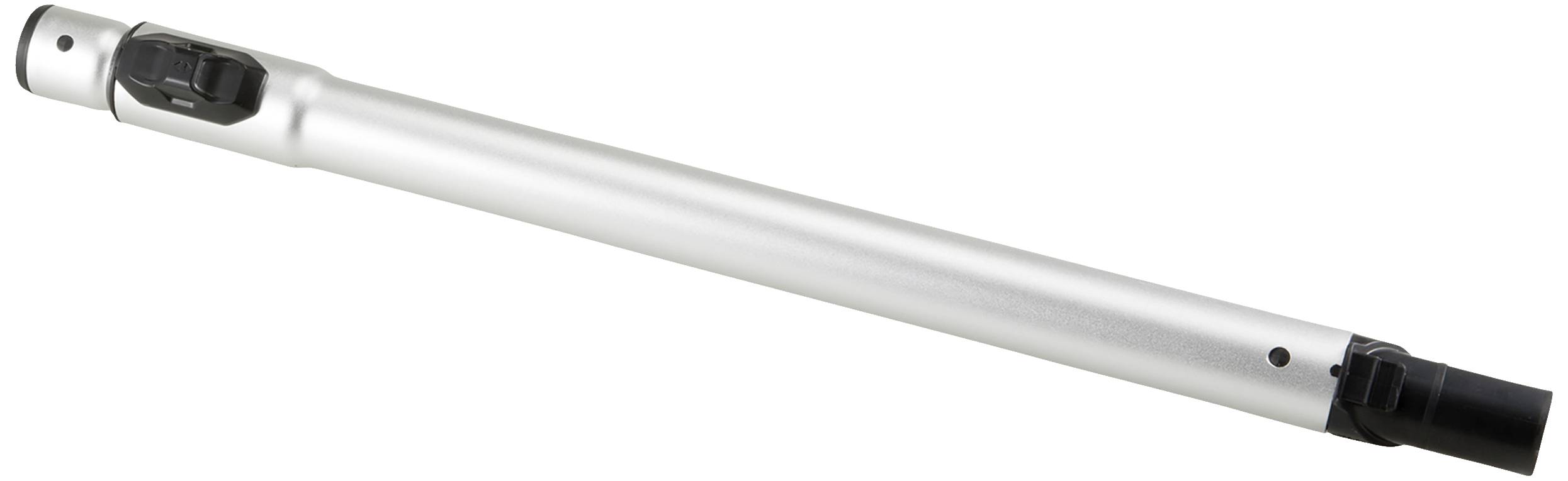 Un tuyau d'aspirateur en argent avec embout noir, adapté aux accessoires d'aspirateur.