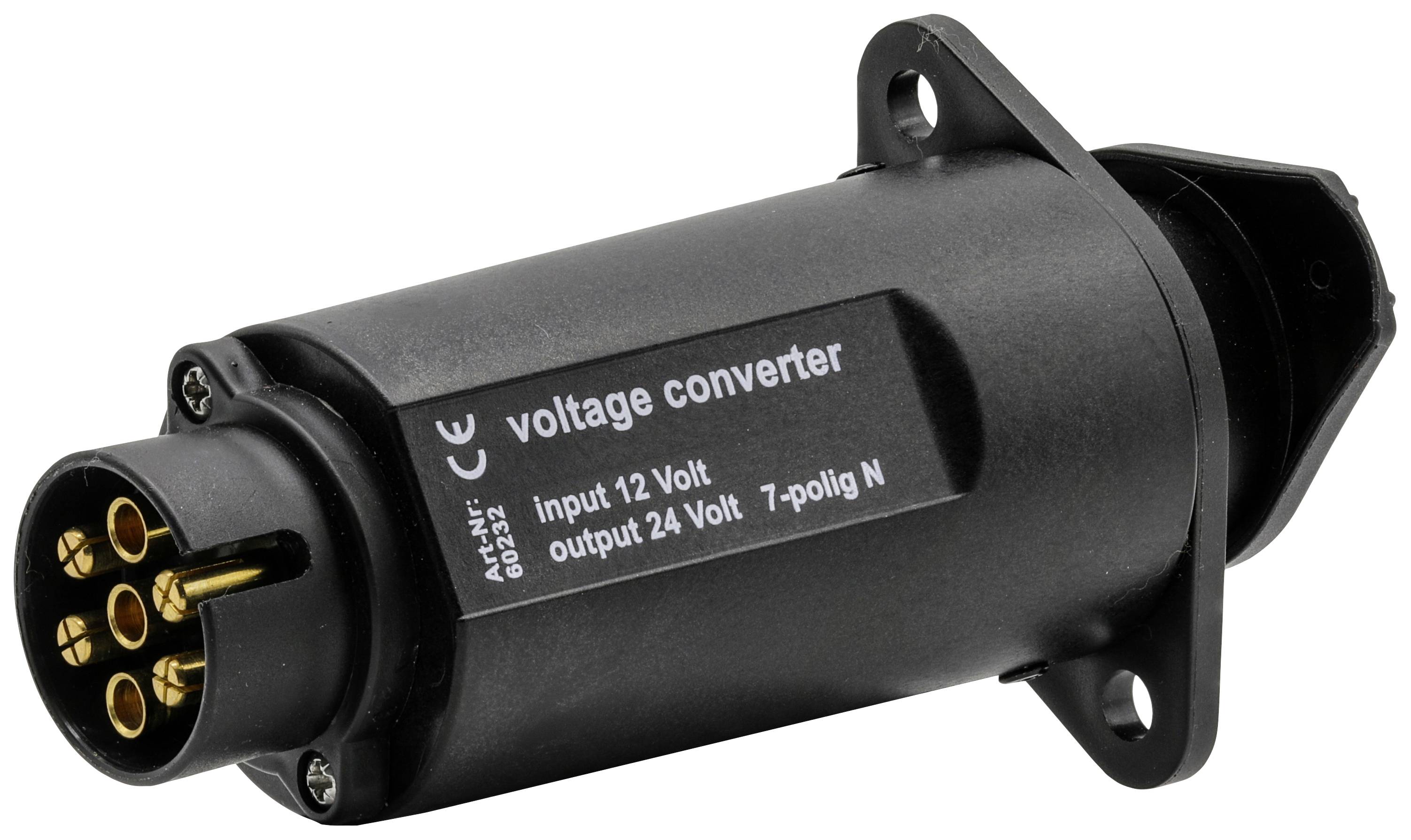 Convertisseur de tension noir à 7 broches, transformant une tension d'entrée de 12 volts en une tension de sortie de 24 volts.