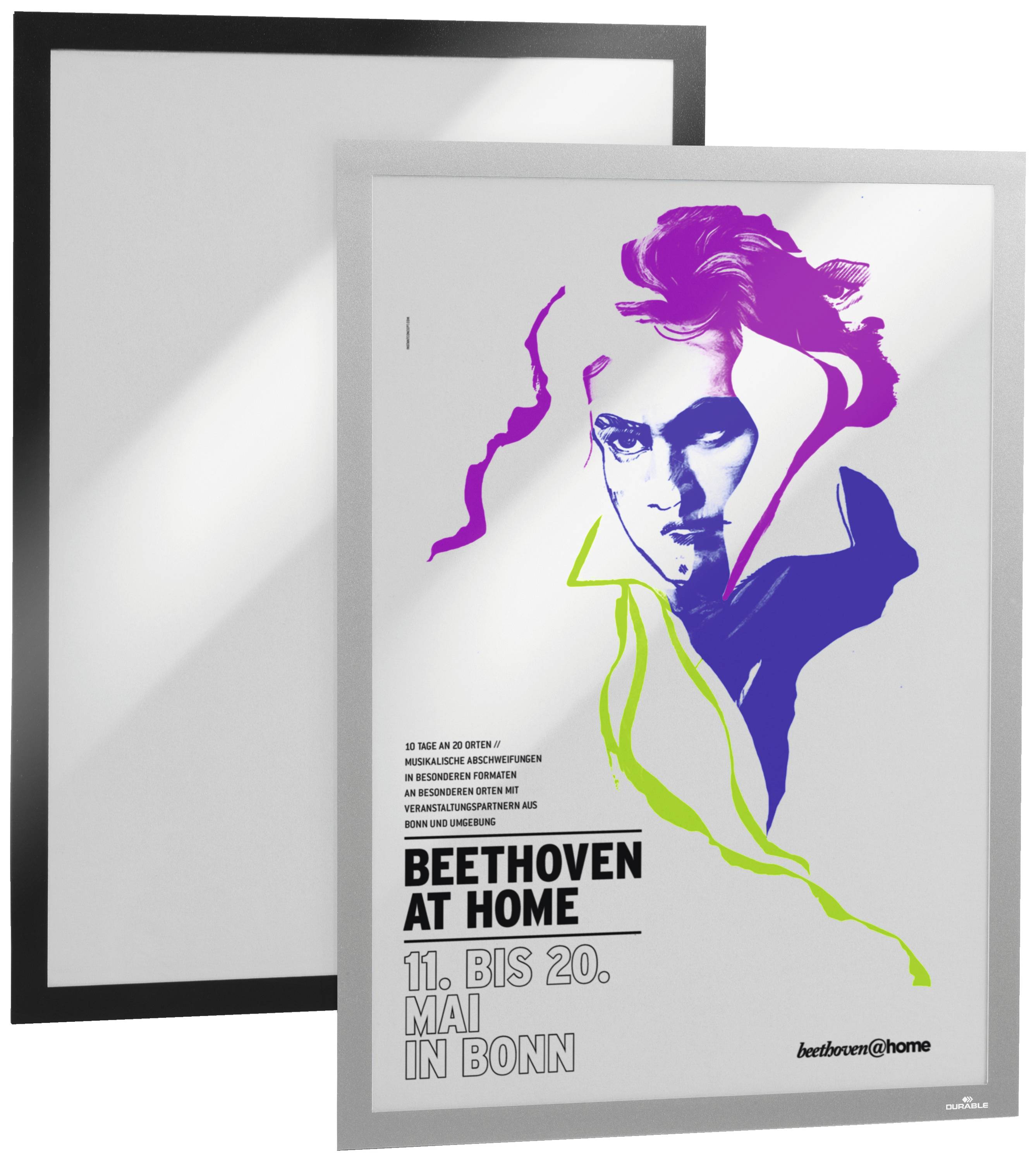 Affiche pour 'Beethoven à la Maison' à Bonn, du 11 au 20 mai. Représentation artistique de Beethoven en tons colorés, détails du texte en bas à gauche.