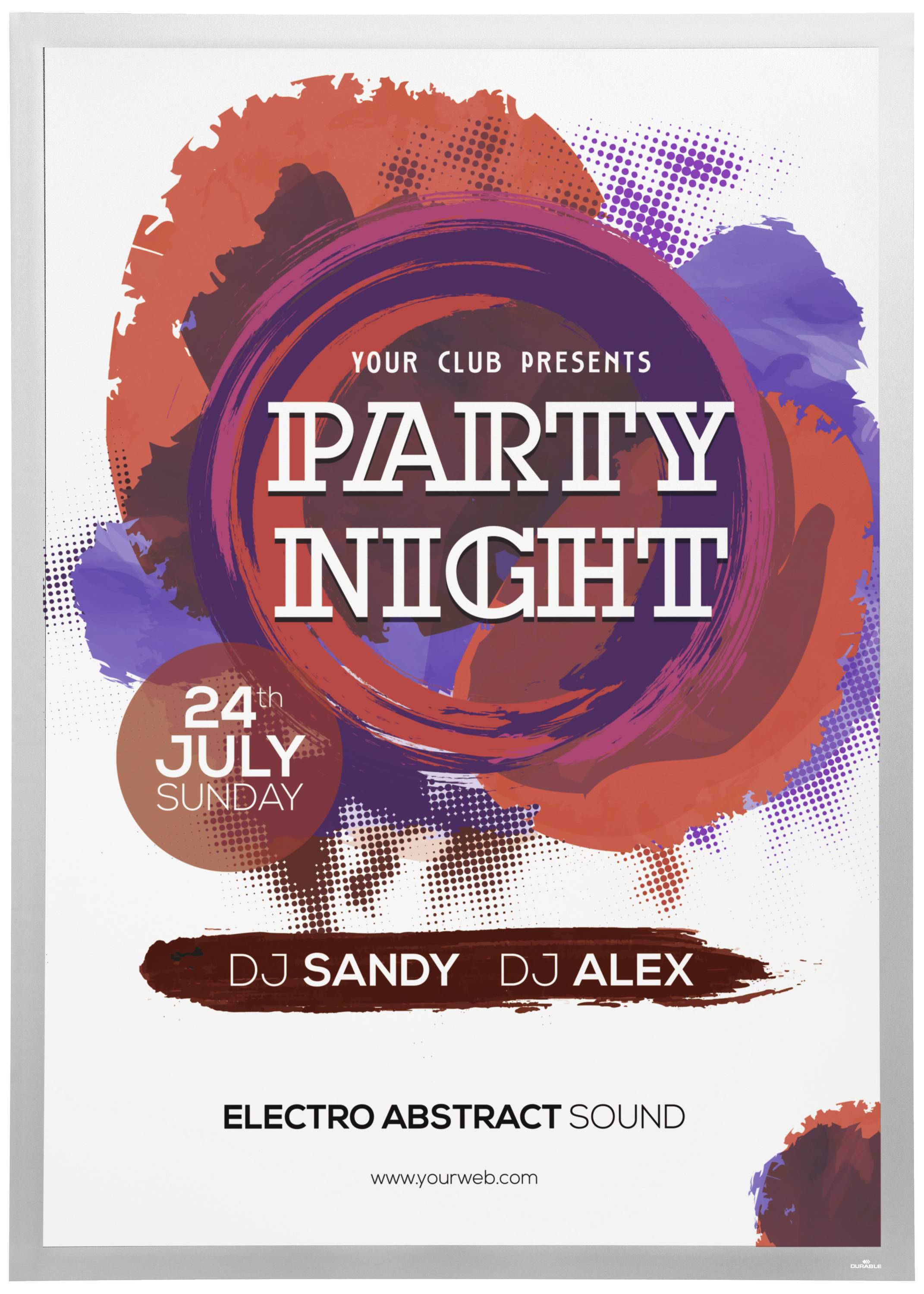 Affiche pour 'Party Night' le 24 juillet avec DJ Sandy et DJ Alex dans votre club. Graphique abstrait et coloré en arrière-plan.