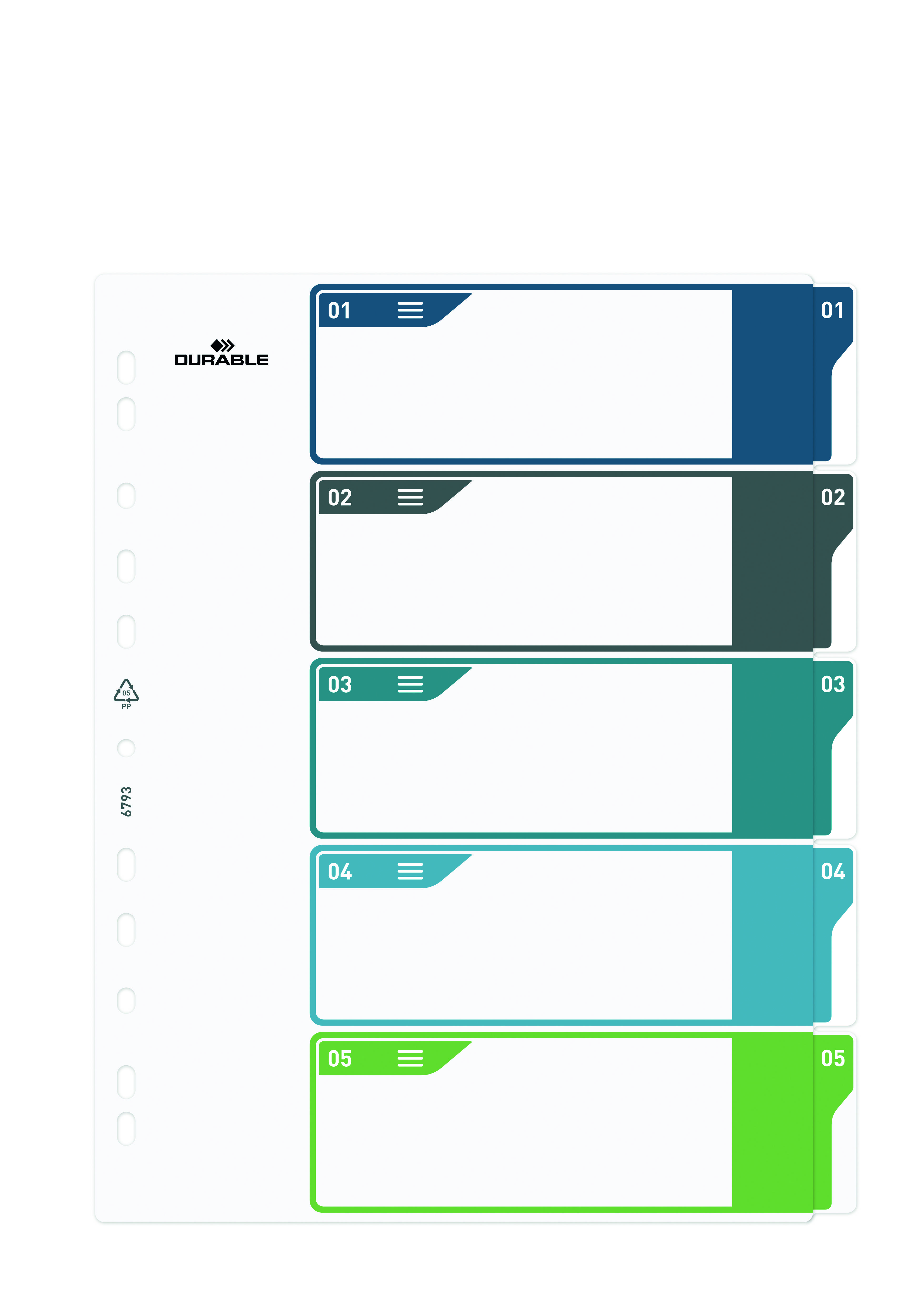 Intercalaire de classement coloré avec cinq onglets, numérotés de 01 à 05. Onglets dans des tons de bleu et de vert, pour l'organisation de documents.