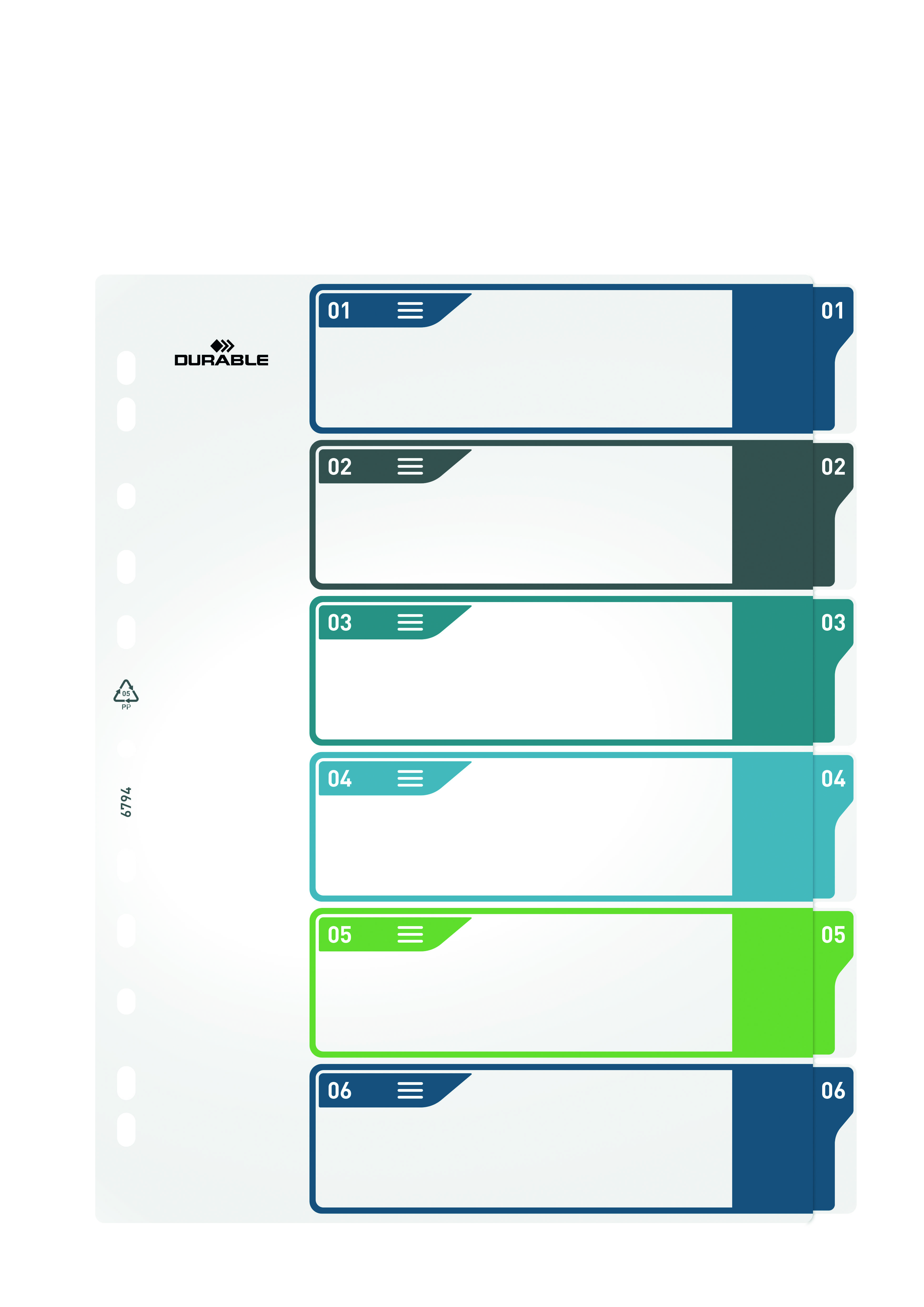 Intercalaire avec six onglets colorés, numérotés de 1 à 6, pour l'organisation des documents dans des classeurs. Nom de marque sur le bord supérieur.