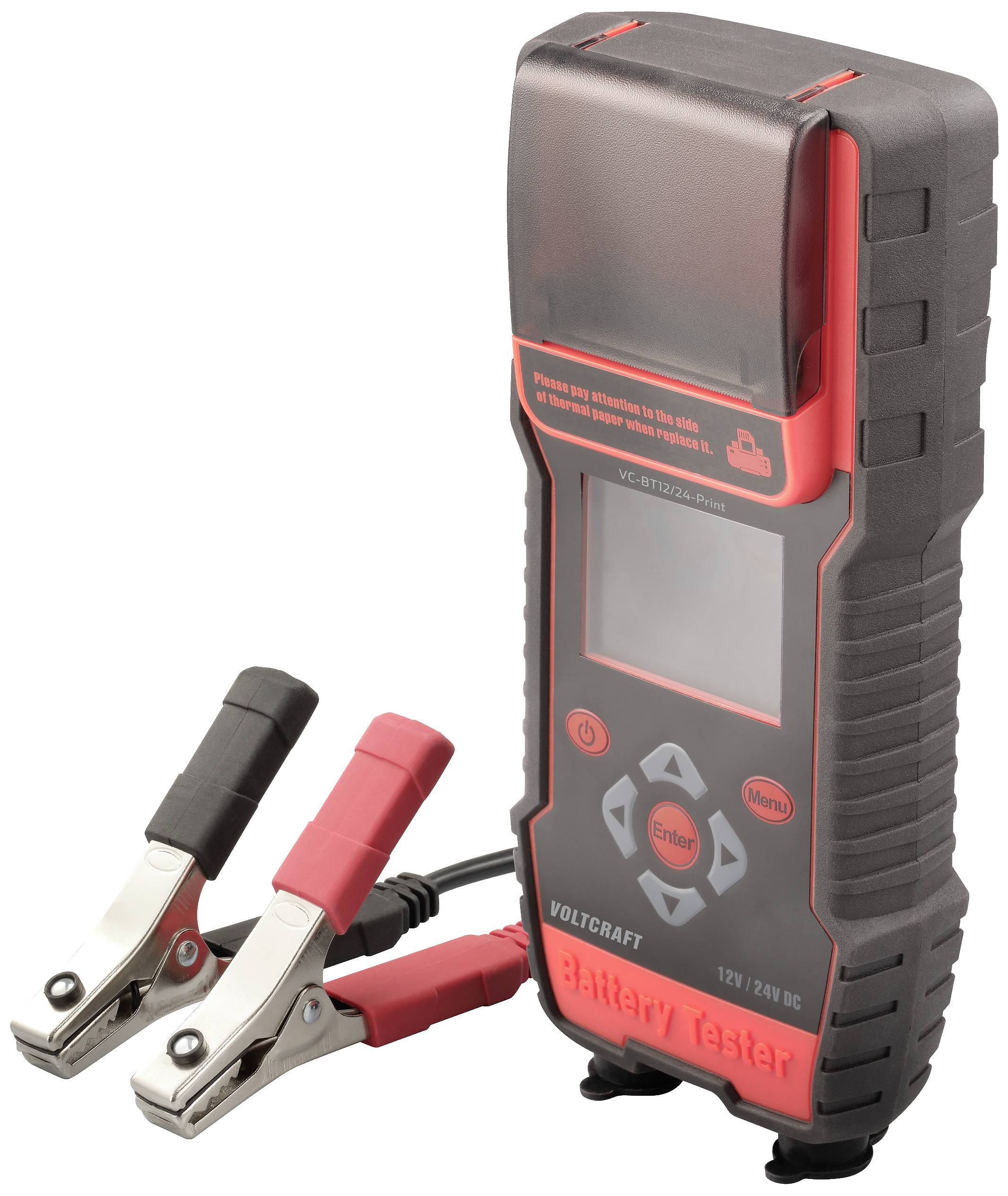 Testeur de batterie avec affichage numérique, pinces crocodiles rouges et noires. Appareil pour vérifier les batteries de voiture 12V/24V.