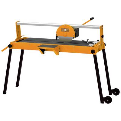 Machine à couper les carreaux jaune sur pieds noirs, équipée d'une lame circulaire, adaptée aux travaux de carrelage précis.