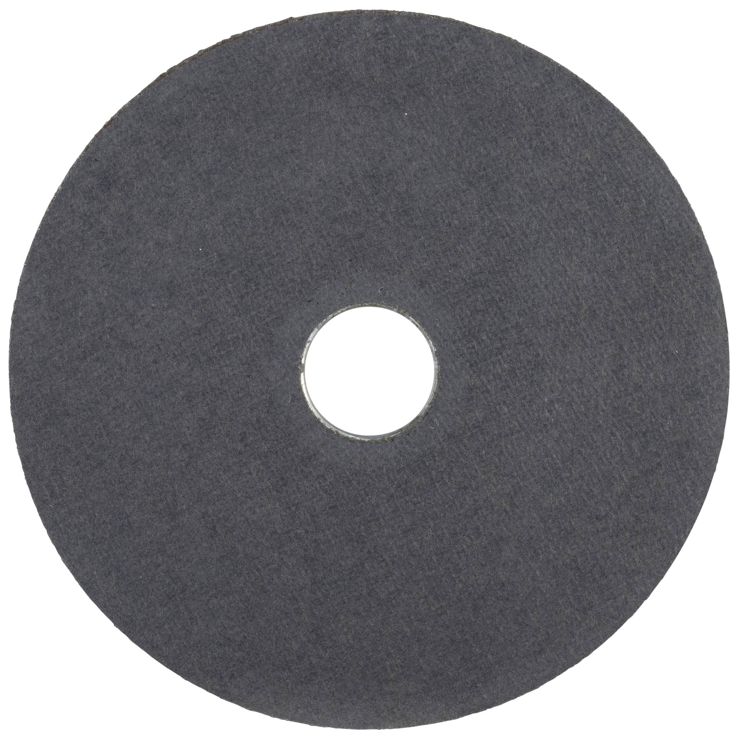 Un disque de meulage noir, circulaire, avec un trou central, typique pour le traitement de surfaces dures.