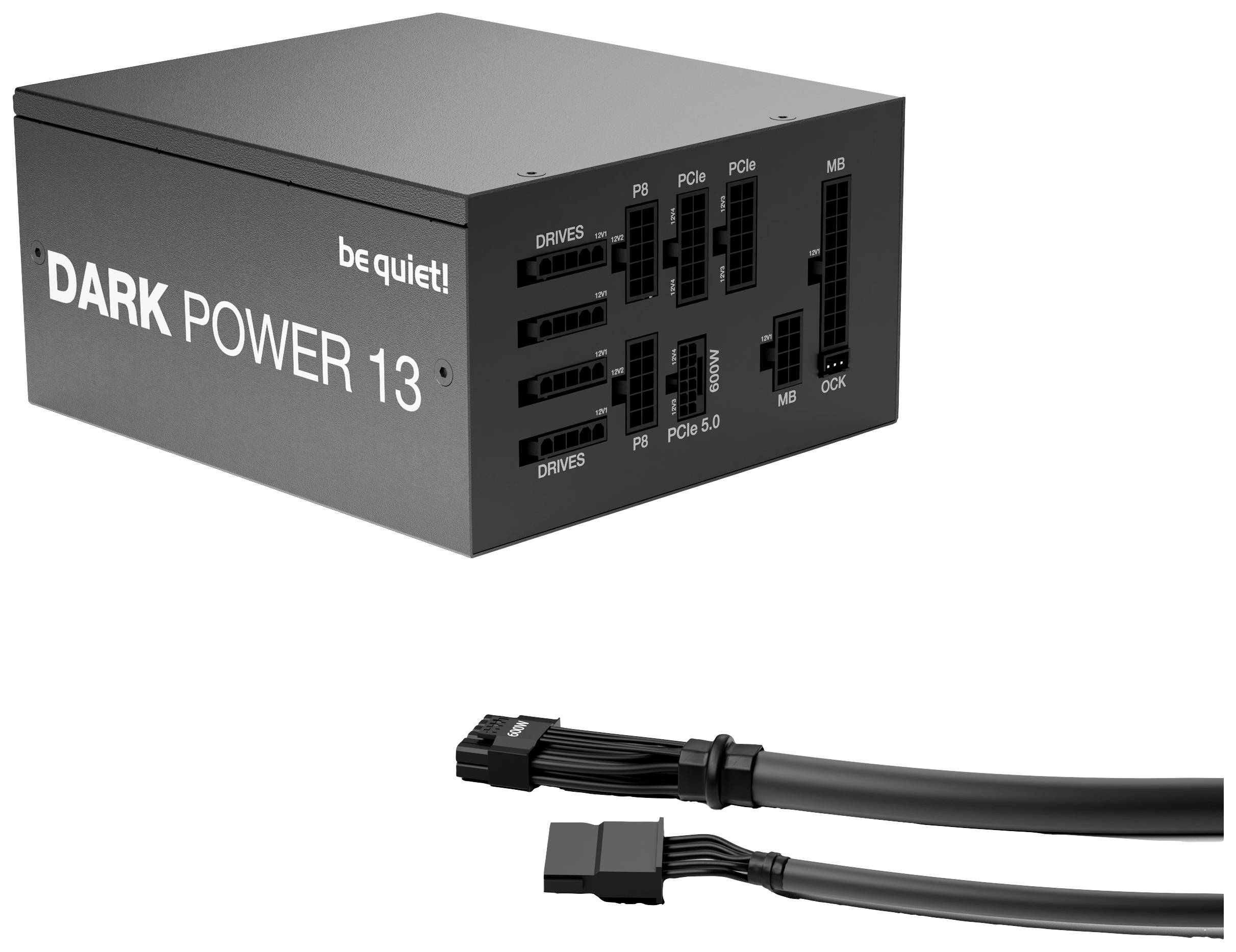 Un bloc d'alimentation PC 'be quiet! DARK POWER 13' avec plusieurs connecteurs et deux câbles, sur un fond blanc.