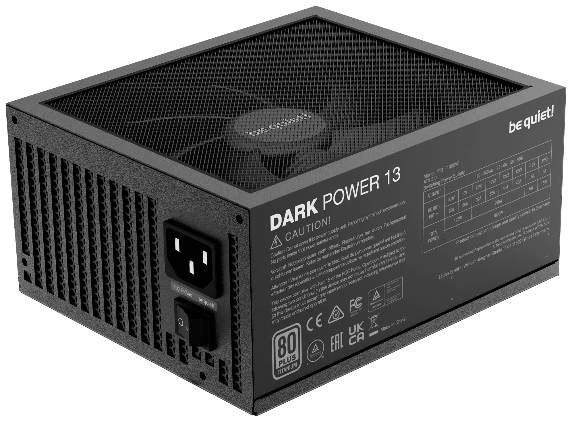 Bloc d'alimentation informatique noir 'DARK POWER 13' avec ventilateur visible en haut. Le nom de marque 'be quiet!' et les informations de sécurité sont imprimés.