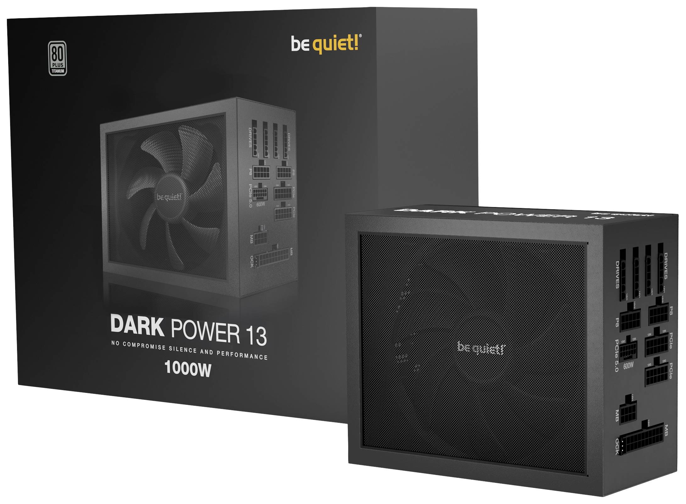 Bloc d'alimentation 'Dark Power 13' de be quiet! d'une puissance de 1000W, présenté devant son emballage. Dispose de la certification 80 PLUS Titanium.