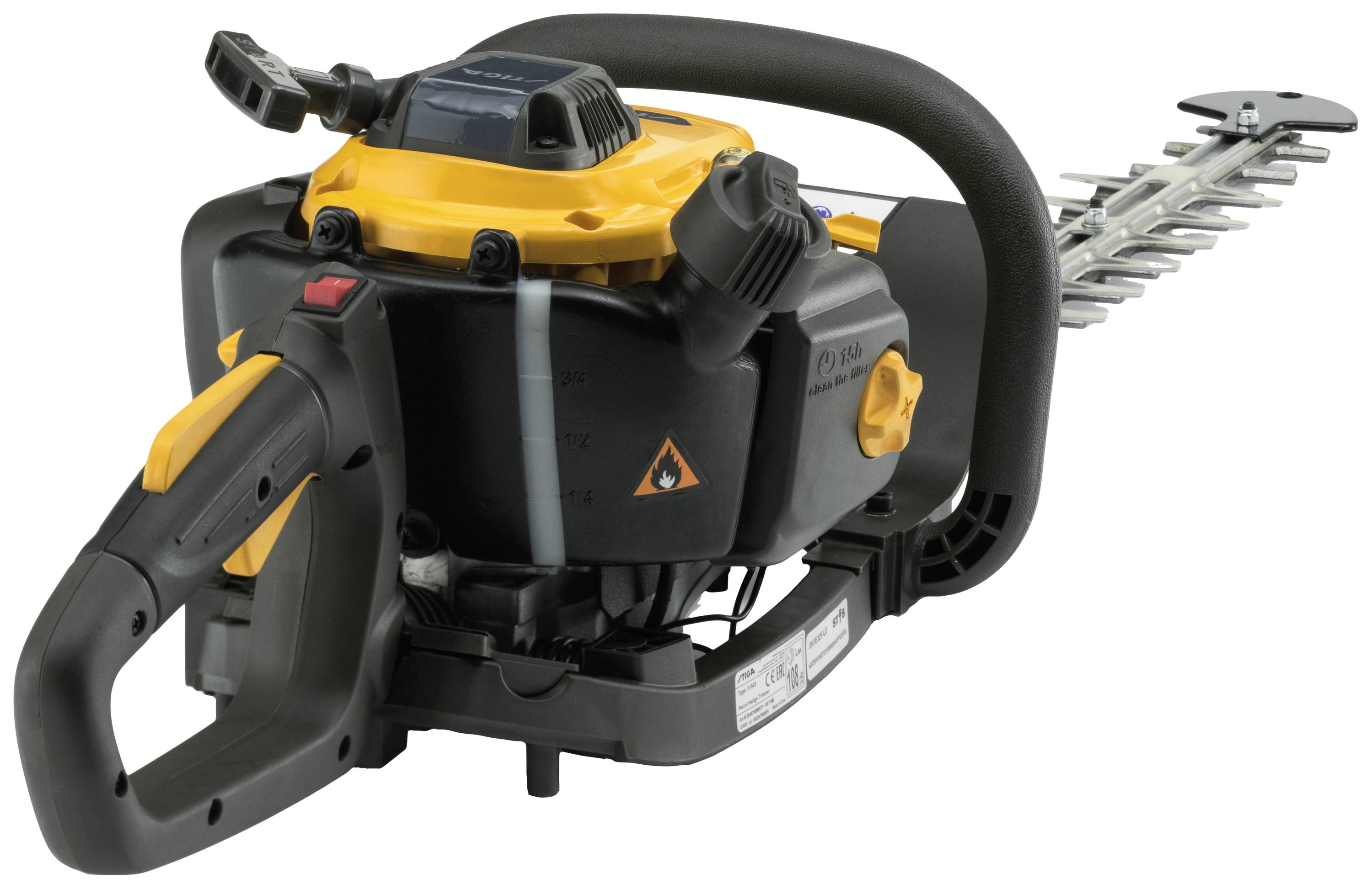 Taille-haie à essence avec boîtier jaune et poignée noire, adapté pour la coupe de buissons et de haies dans le jardin.