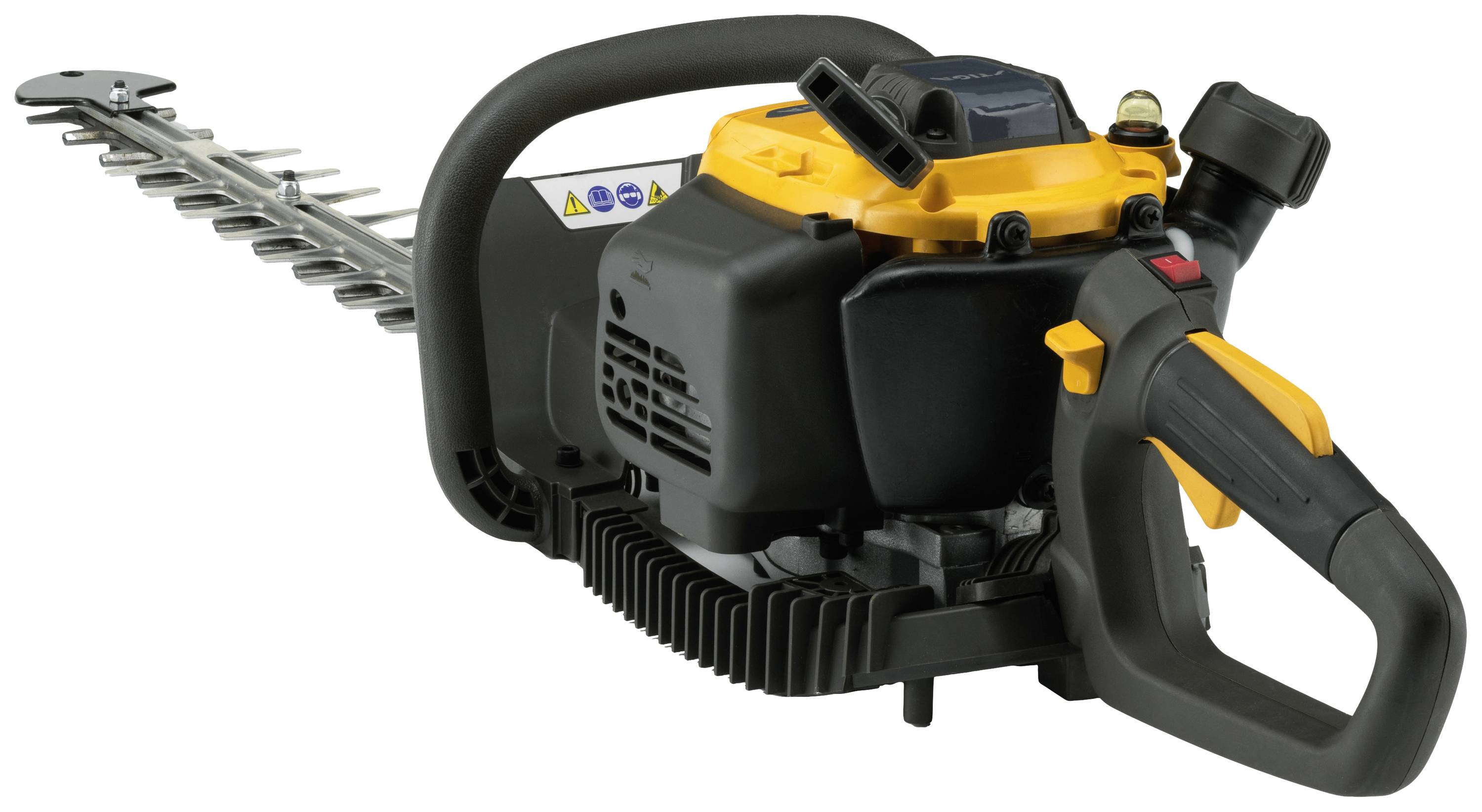 Taille-haie à essence avec boîtier noir et touches jaunes, poignée ergonomique et longue lame pour la taille des haies.