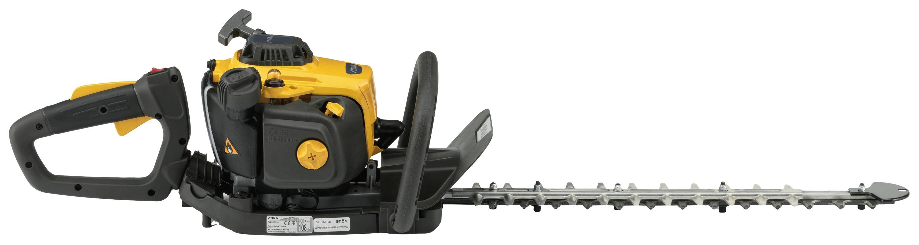 Taille-haie à essence avec boîtier jaune et poignée noire, adapté pour la coupe et l'élagage des haies de jardin.
