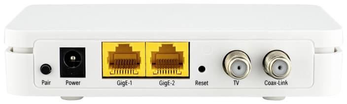 Un routeur doté de ports pour l'alimentation électrique, deux ports Ethernet Gigabit, un bouton de réinitialisation, TV et connexion coaxiale à l'arrière.