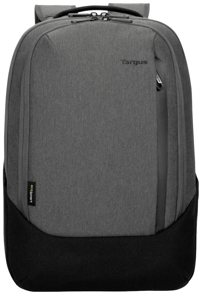 Sac à dos gris avec fond noir et fermetures éclair, nom de marque 'Targus' visible en haut à droite.
