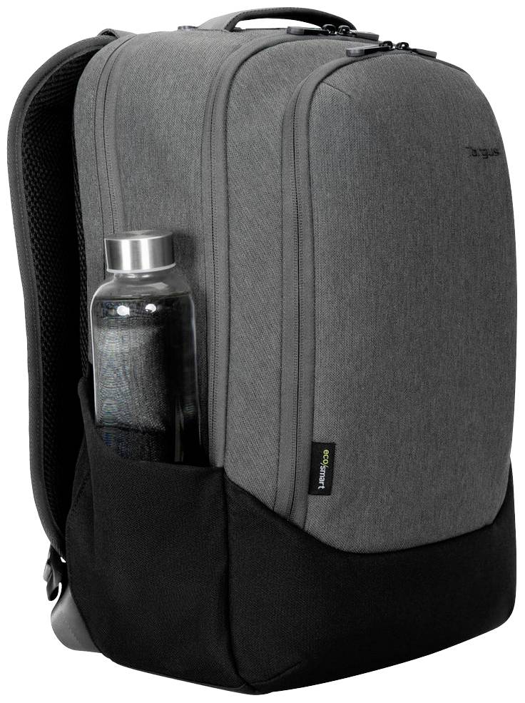 Sac à dos gris avec un fond noir et une bouteille d'eau dans la poche latérale. Idéal pour l'école ou le travail.