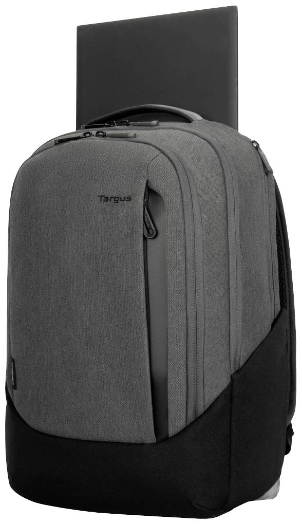 Un sac à dos gris avec plusieurs compartiments et une poche rembourrée pour ordinateur portable.