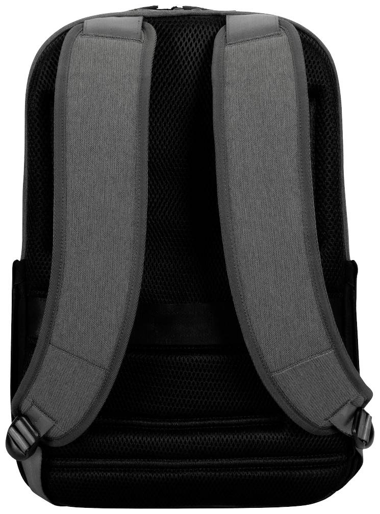 Un sac à dos gris vu de dos, avec des bretelles rembourrées et un insert en maille pour une meilleure respirabilité.