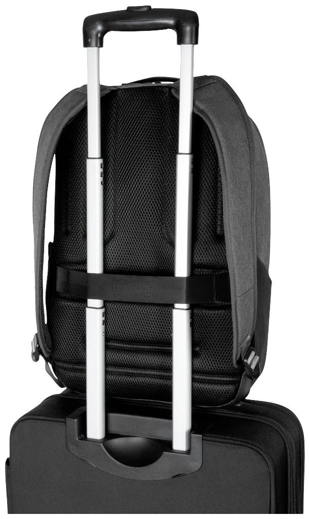 Un sac à dos gris avec une boucle pour l'attacher à la poignée d'une valise à roulettes, idéal pour voyager confortablement.