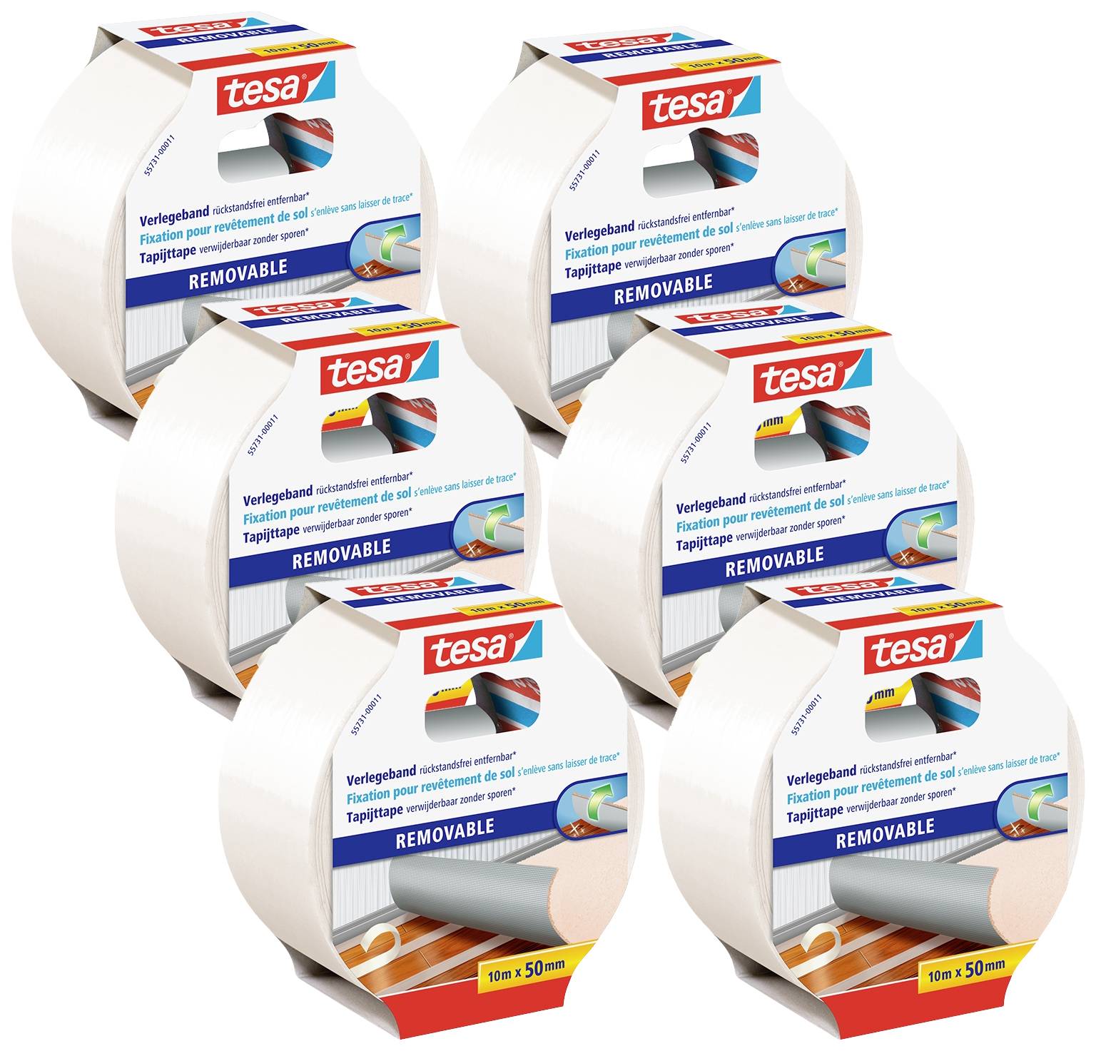 Six rouleaux de ruban adhésif double face de Tesa. L'emballage met en avant la mention 'Amovible'. Adapté pour la fixation de tapis sur les sols.