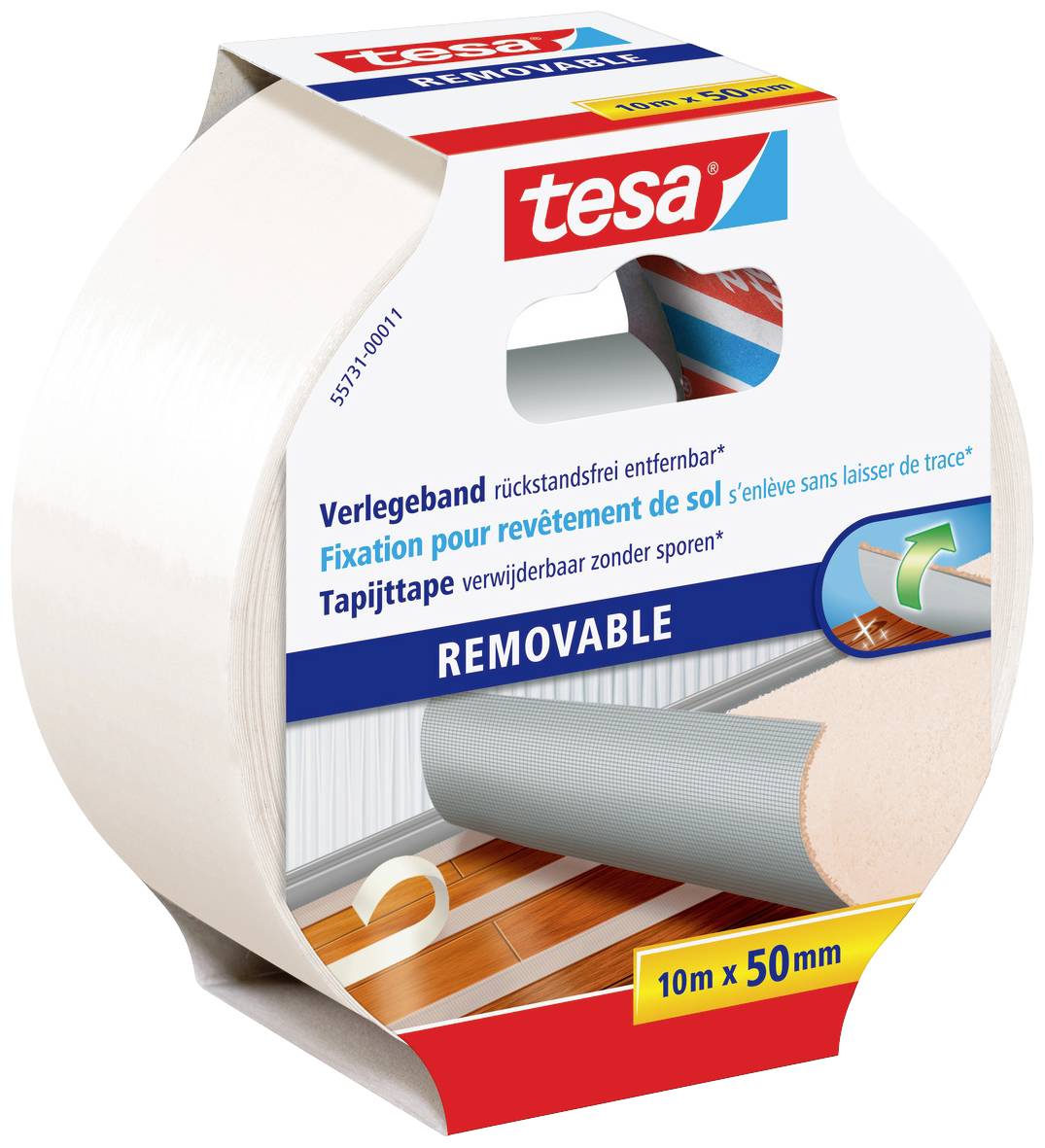 Illustration d'un rouleau de ruban de pose 'tesa' repositionnable, 10 m x 50 mm, pour revêtements de sol, amovible sans résidus.