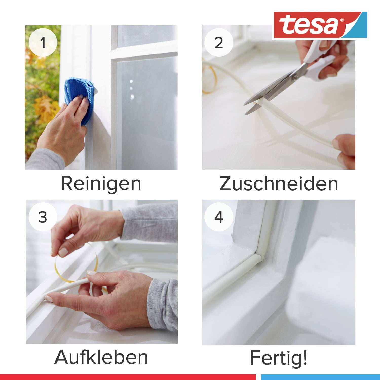 Un guide étape par étape pour l'étanchéification des fenêtres avec tesa : Nettoyer, Couper, Coller, Terminé. Comprend des images de chaque phase.