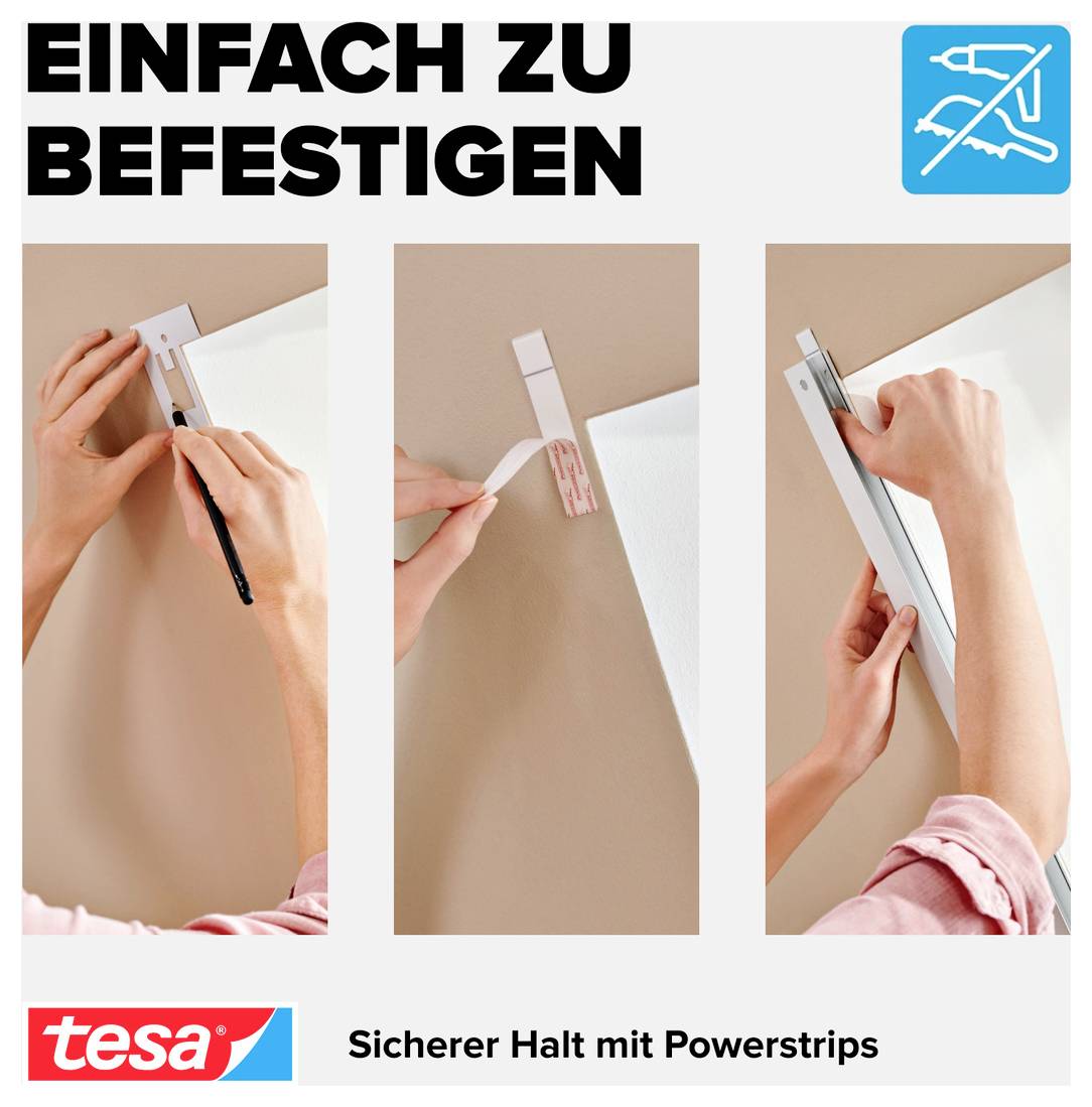 Guide en trois étapes pour les bandes adhésives tesa Powerstrips montrant comment fixer un objet au mur : appuyez, appliquez la bande, puis fixez pour une tenue sécurisée.