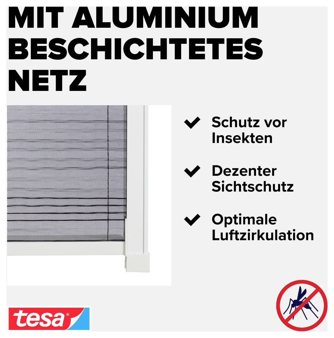 Moustiquaire de fenêtre Tesa avec maille revêtue d'aluminium, mettant en évidence la protection contre les insectes, la visibilité discrète et une circulation d'air optimale.