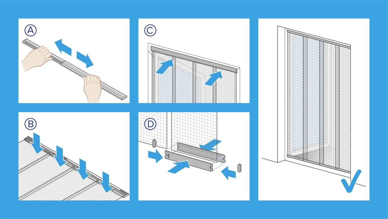 Guide de bricolage : A) Écarter la rail. B) Fixer les clips sur le toit. C) Installer le filet. D) Poser la plinthe. Grille de protection contre les insectes installée.