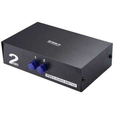 Un commutateur noir vidéo-audio avec deux boutons rotatifs bleus, numérotés 1 et 2, portant l'inscription 'VIDEO AUDIO SWITCH'.
