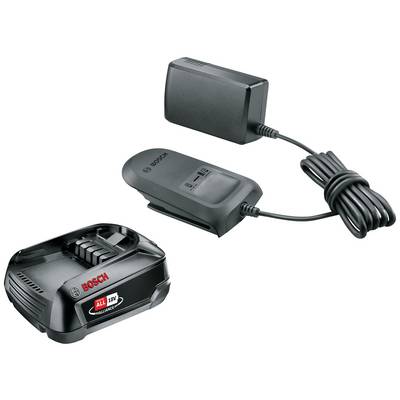Un ensemble de batterie et chargeur Bosch 18V. La batterie est compacte et noire avec le logo Bosch. Le chargeur est rectangulaire et muni d'un câble.