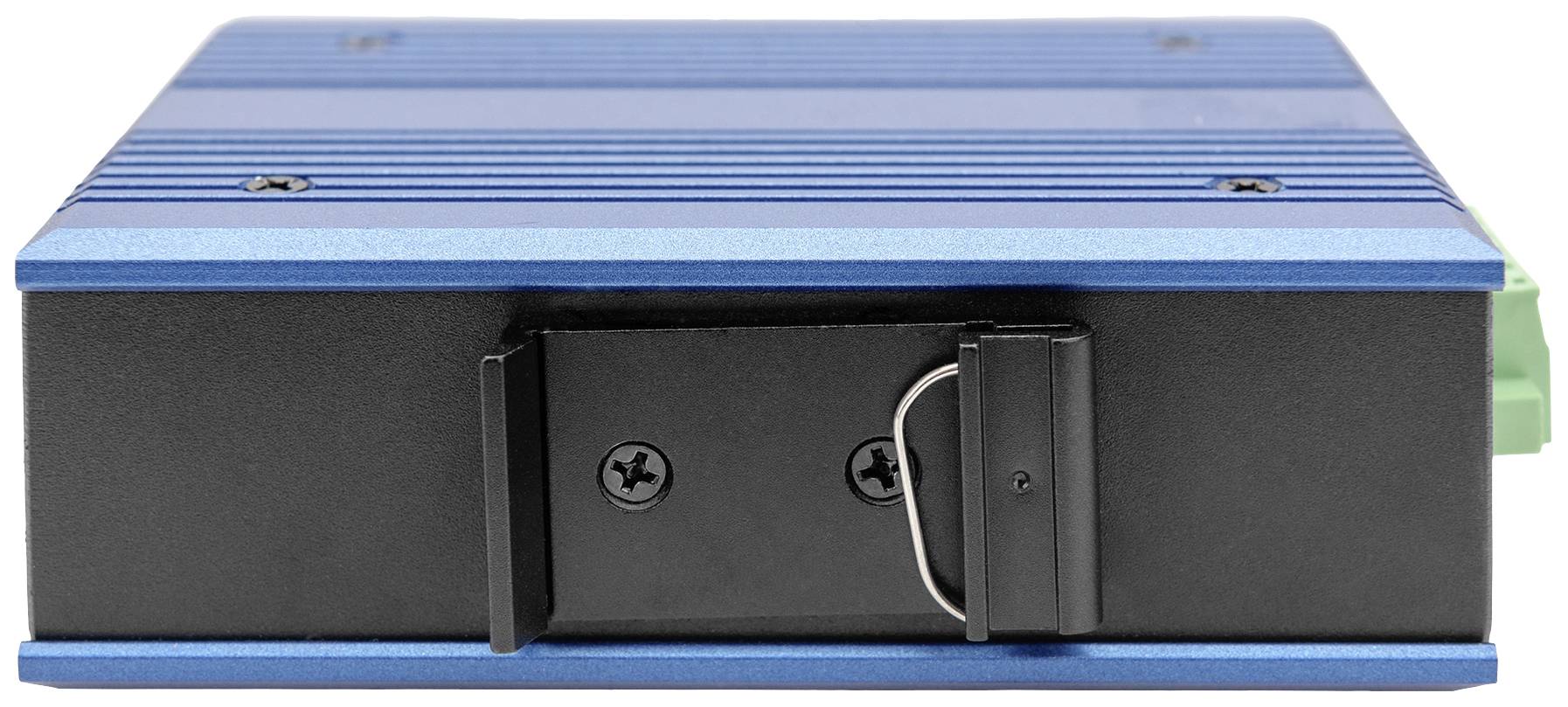 Un appareil électronique bleu rectangulaire, probablement un ordinateur, avec un panneau frontal noir et deux vis visibles.