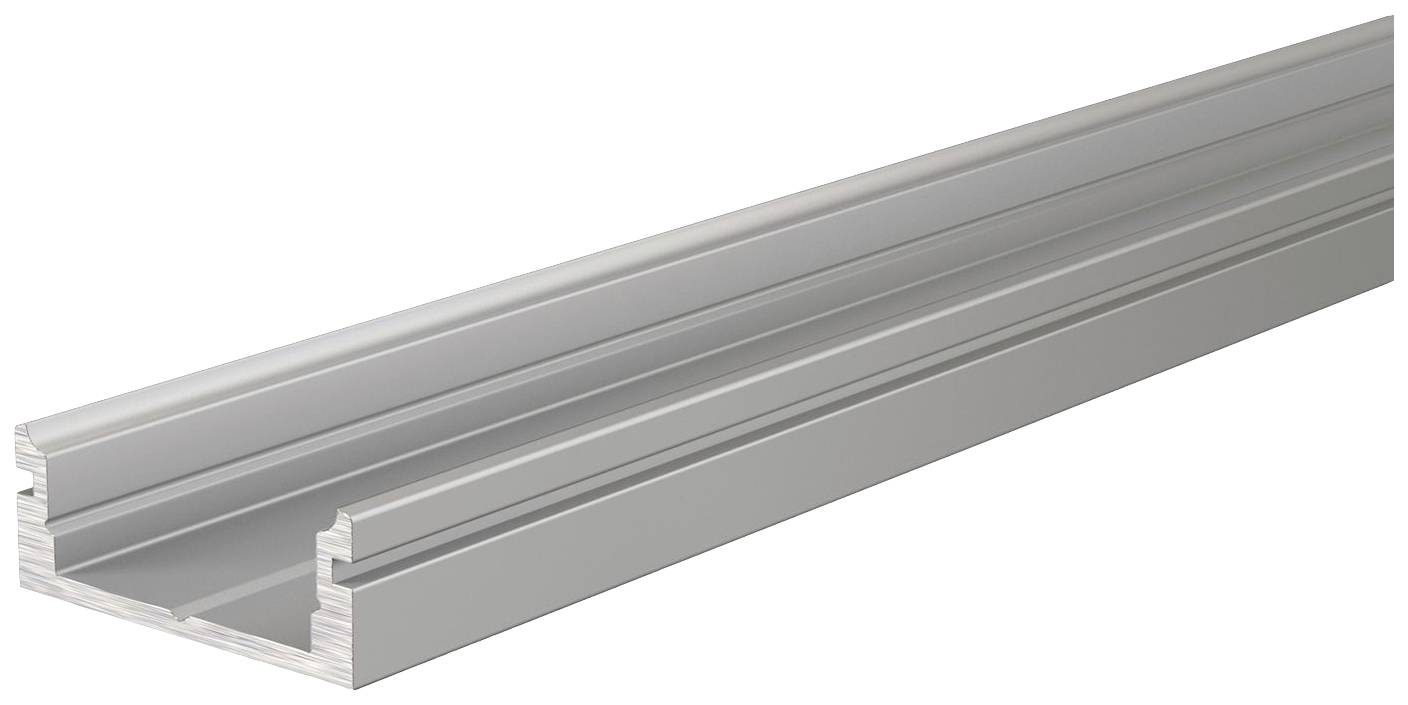 Profilé en aluminium avec une rainure en forme de H, représenté en perspective de gauche à droite. Adapté pour des systèmes de fixation ou de montage.