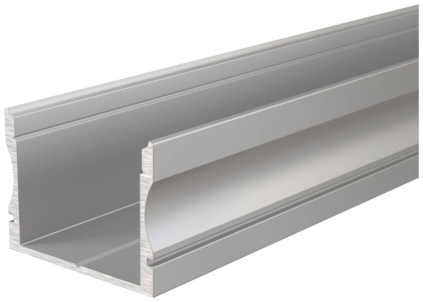 Rail métallique en aluminium, ouvert sur le côté. Utilisé pour le support structural dans les projets de construction. Apparaît robuste et fonctionnel.