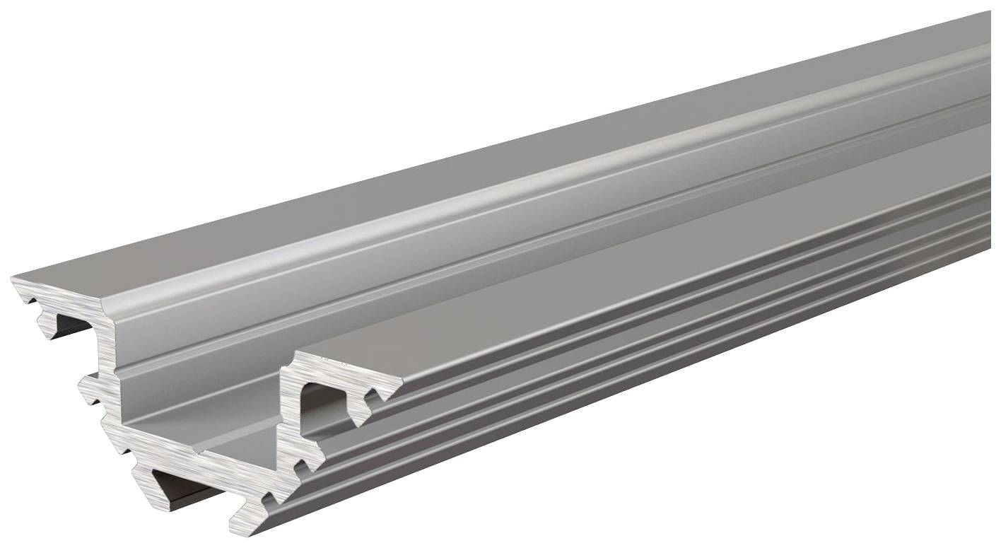 Un profilé en aluminium argenté avec plusieurs rails et découpes, typiquement utilisé pour des applications de construction ou de montage.