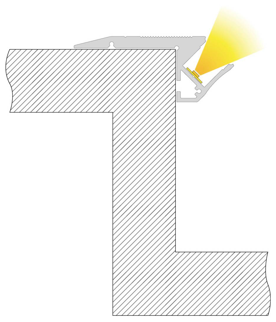 Schéma en coupe transversale d'un plafonnier encastré installé dans un angle de cloison sèche, avec un faisceau lumineux dirigé vers le bas.