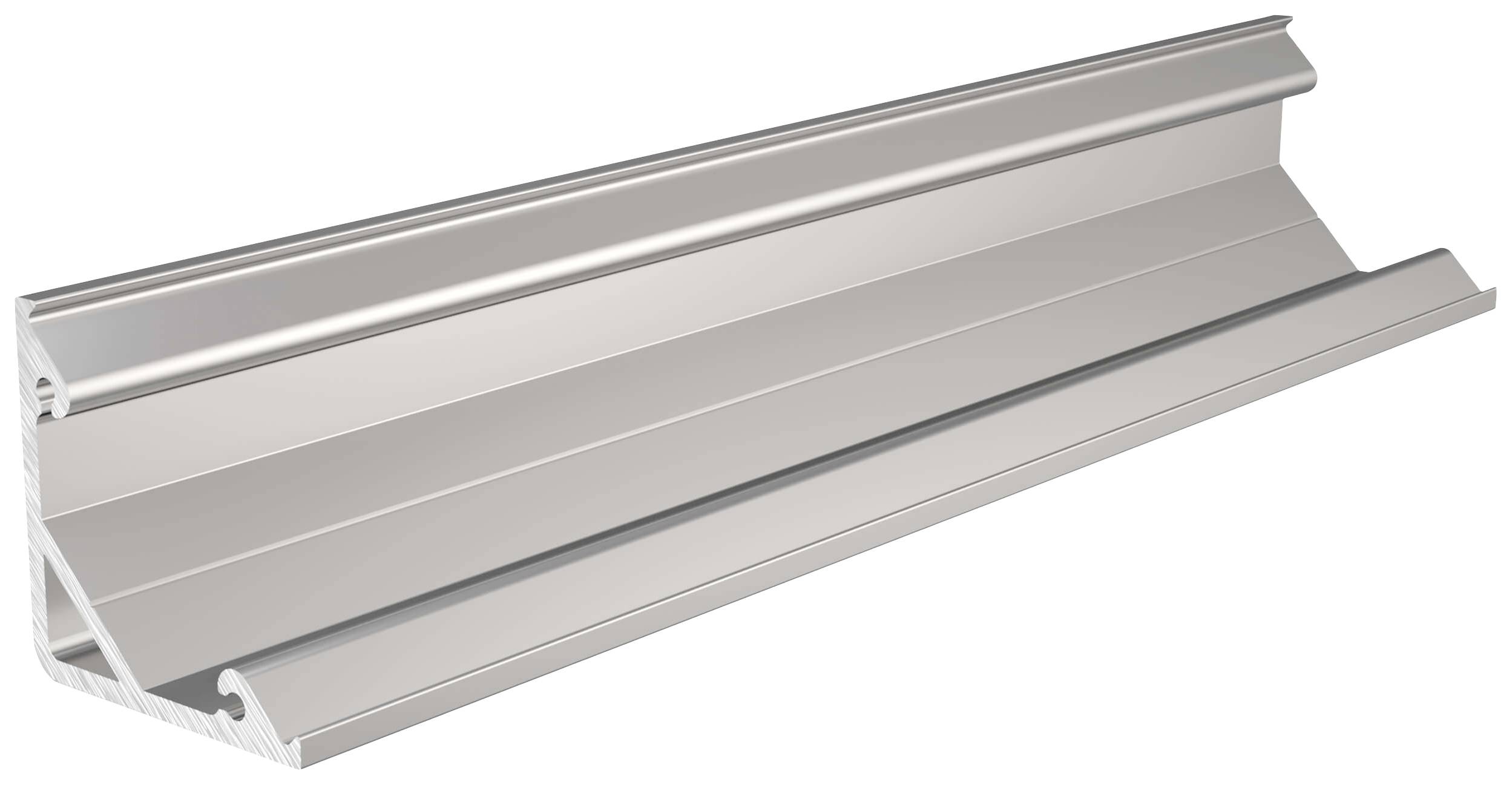 Profilé en aluminium à section transversale trapézoïdale, de couleur argentée. Utilisé pour diverses applications de construction ou systèmes de montage.