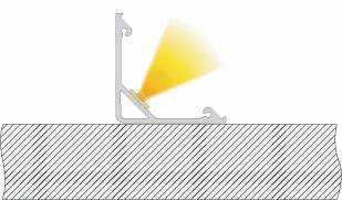 Représentation schématique d'un profilé LED sur une surface, diffusant la lumière selon un angle de 45 degrés.