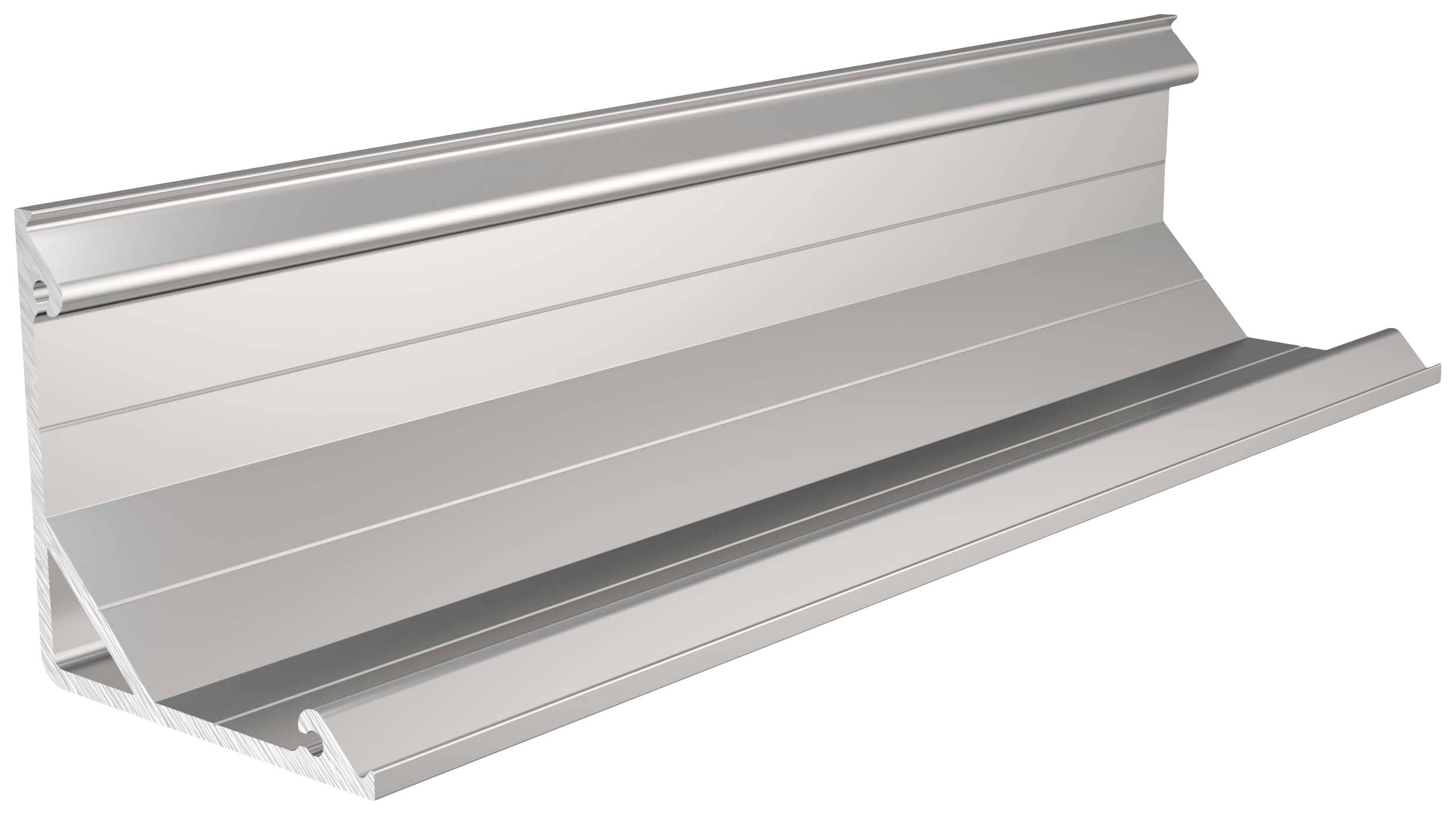 Un profilé en aluminium argenté, utilisé pour des fixations murales. Il présente une forme en L et une surface lisse.