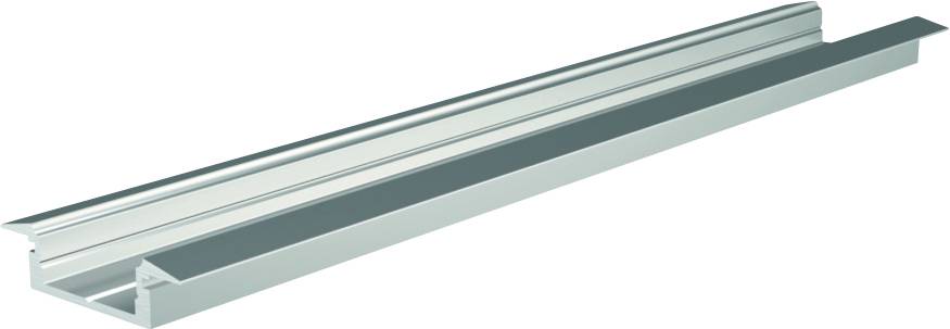 Un profilé en aluminium argenté avec un canal de rainure, adapté pour le montage de meubles, de construction ou industriel, sur fond blanc.