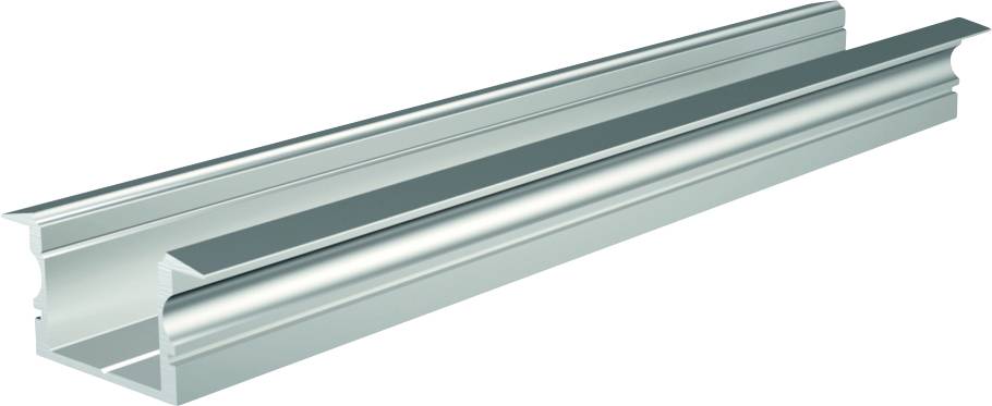 Profilé porteur en aluminium, couleur argent, avec rainure en U, vue de côté. Adapté pour l'installation de bandes LED.