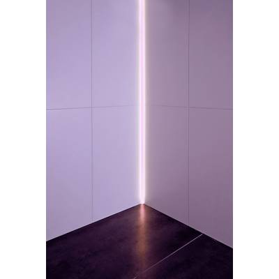 Un coin minimaliste d'une pièce avec des murs blancs et une fine bande lumineuse verticale au centre. Sol sombre.